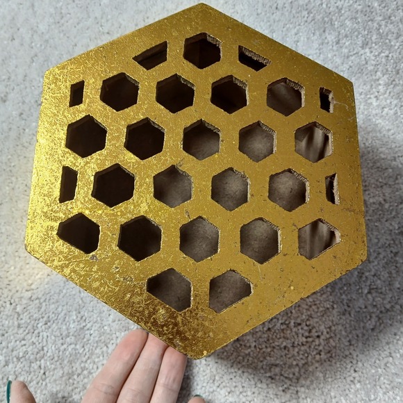Hexagon Other - Wooden Honeycomb Hexagon Nesting Box Bee Decor Sign Gold Foil Metallic Shiny